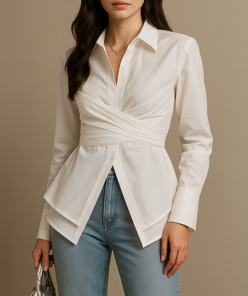 White wrap-waist shirt with Asymmetrical Hem