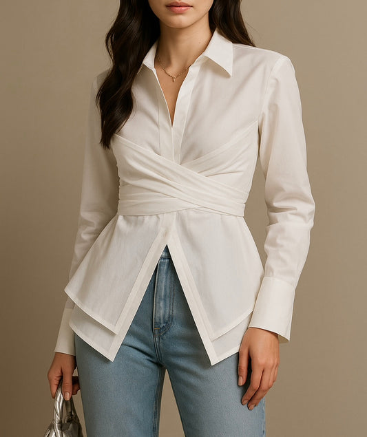 White wrap-waist shirt with Asymmetrical Hem